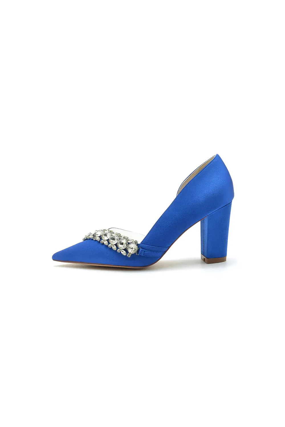 Chic Satin Pointed Toe Slip-on Chunky Heels With Rhinestone