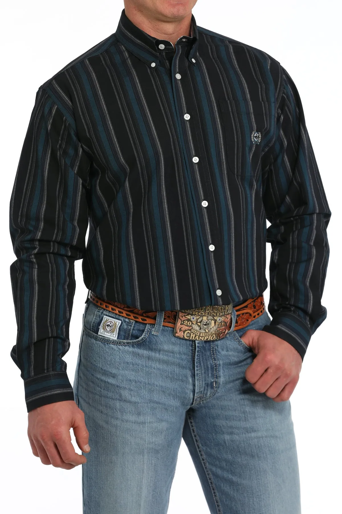 Cinch Men's Long Sleeve Oxford Black, Teal & White Stripe Shirt