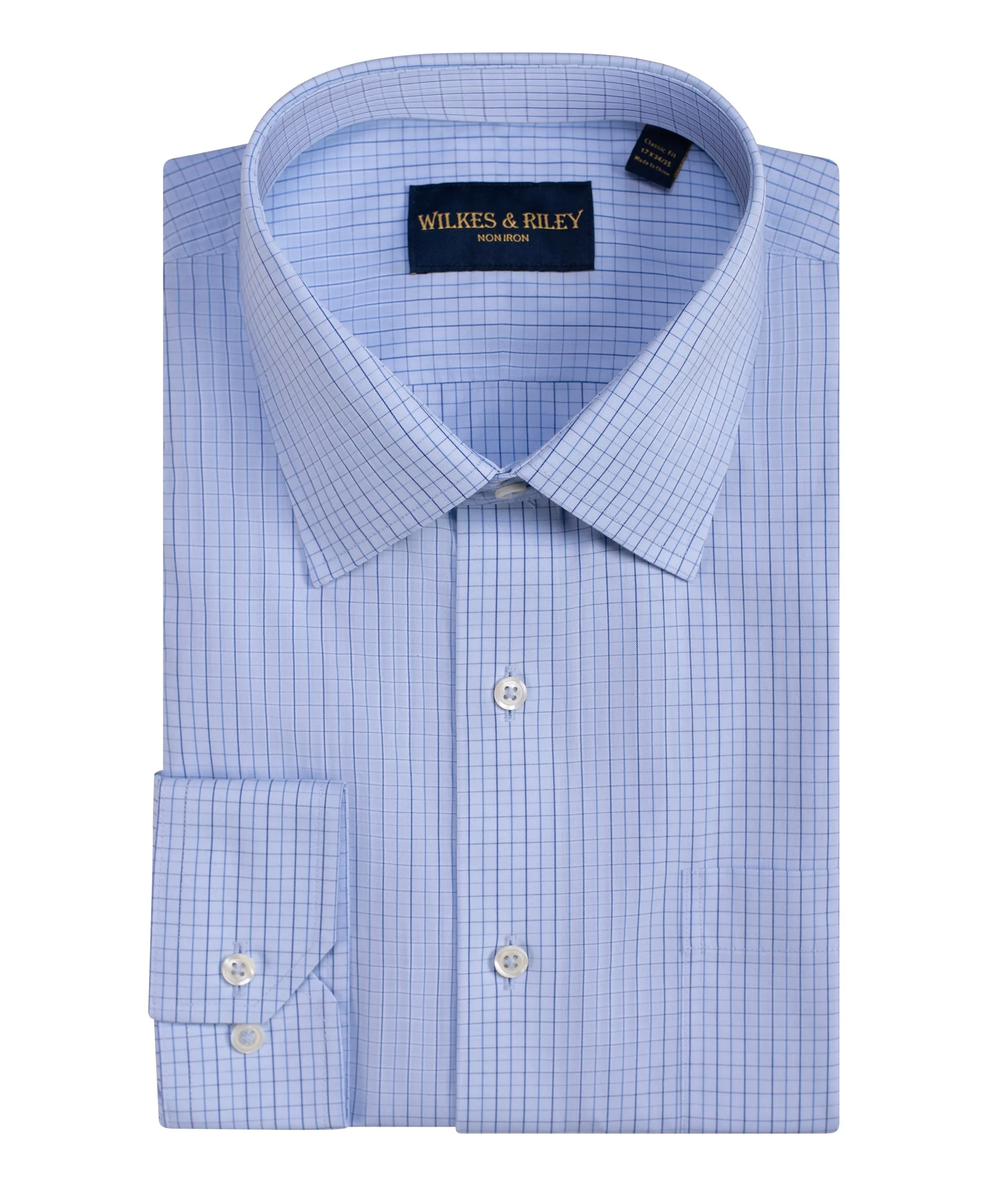Classic Fit Light Blue Ground Tattersall Spread Collar Non-Iron Broadcloth Dress Shirt