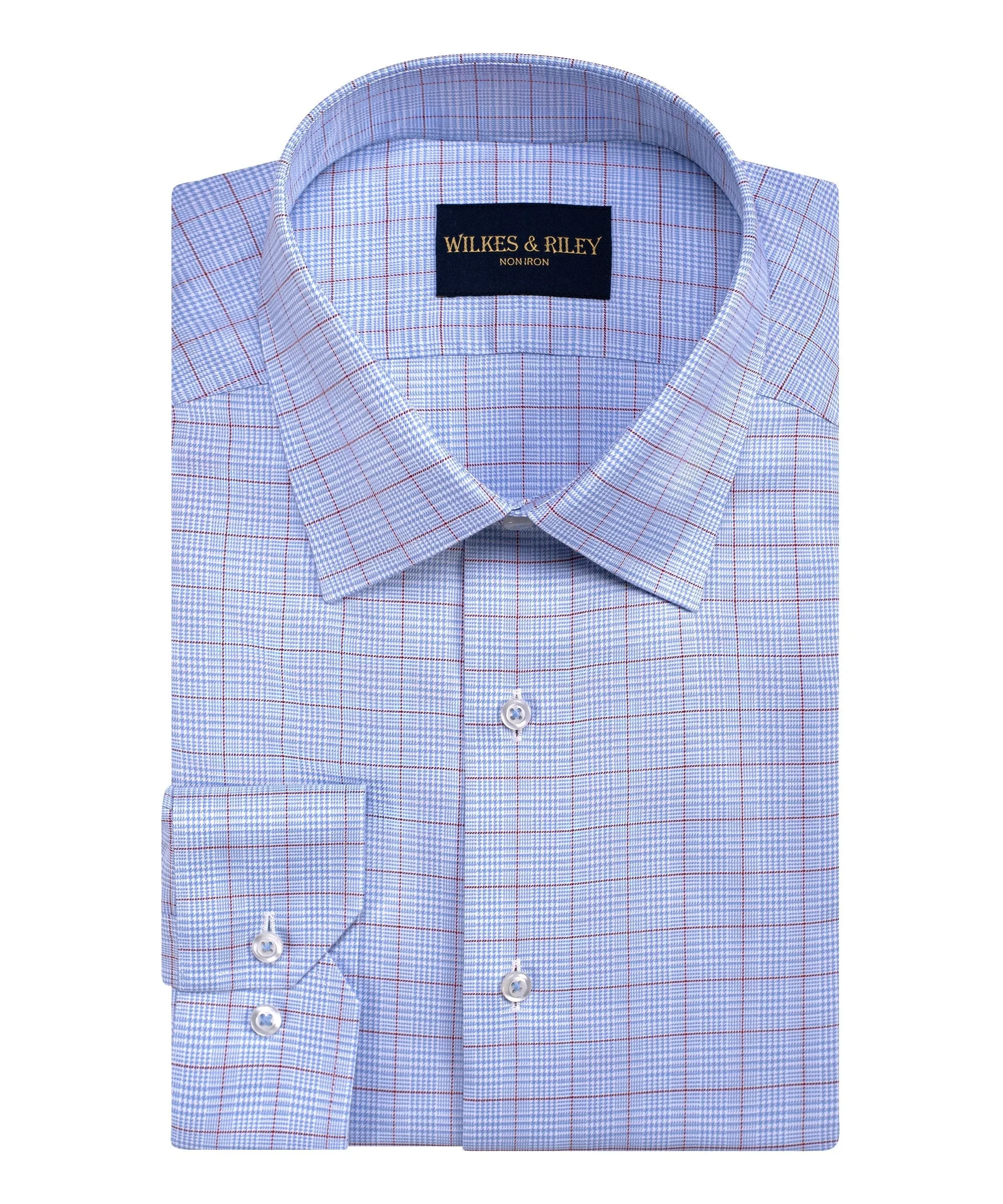 Classic Fit Sky Blue / Burgundy Windowpane Spread Collar Non-Iron Dress Shirt