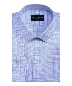 Classic Fit Sky Blue / Burgundy Windowpane Spread Collar Non-Iron Dress Shirt