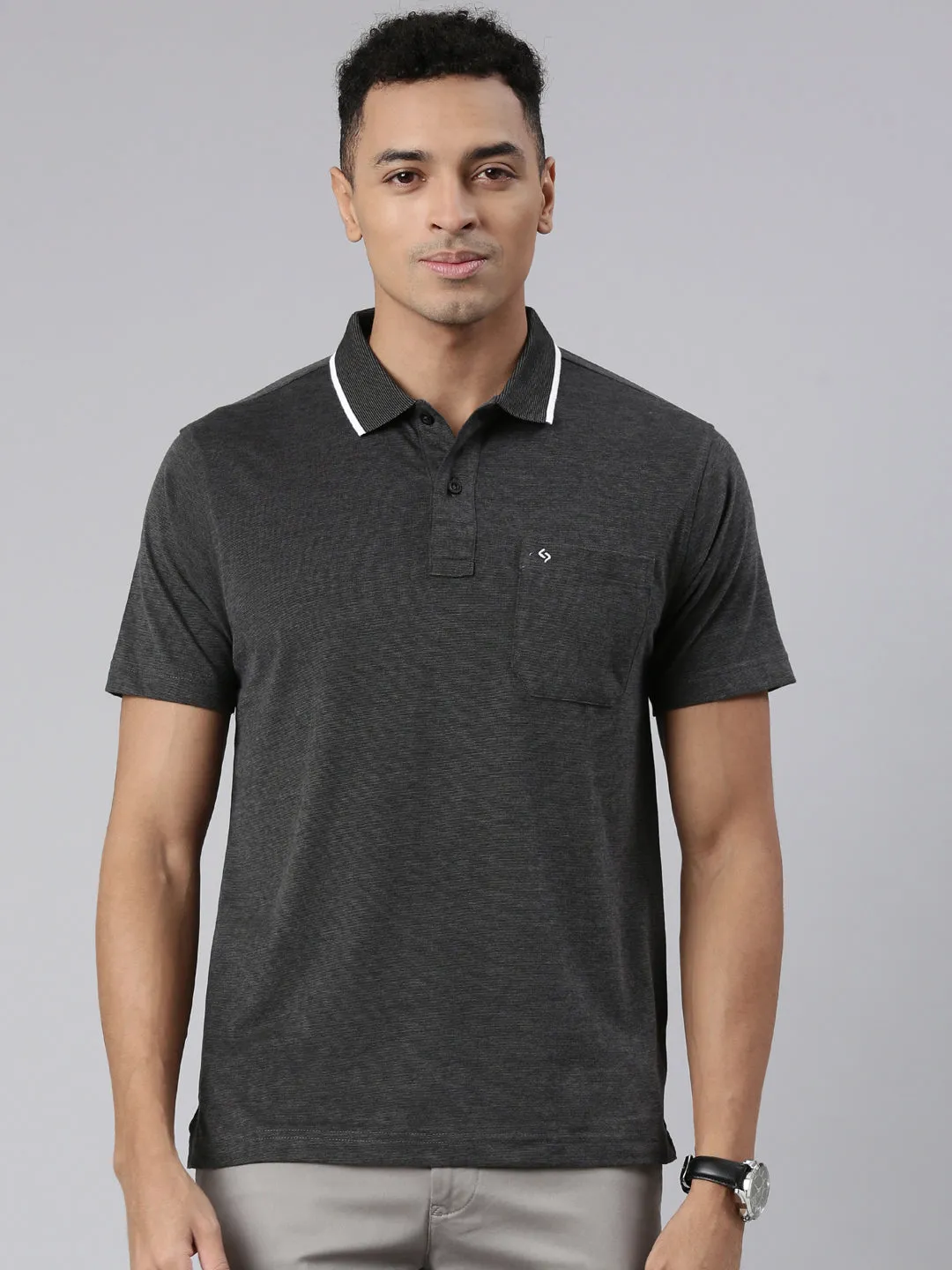 Classic Polo Men's Half Sleeve Charcoal Black Polo Neck Cotton Blend Authentic Fit T-Shirt | SWAY POLO - 02 B AFA P