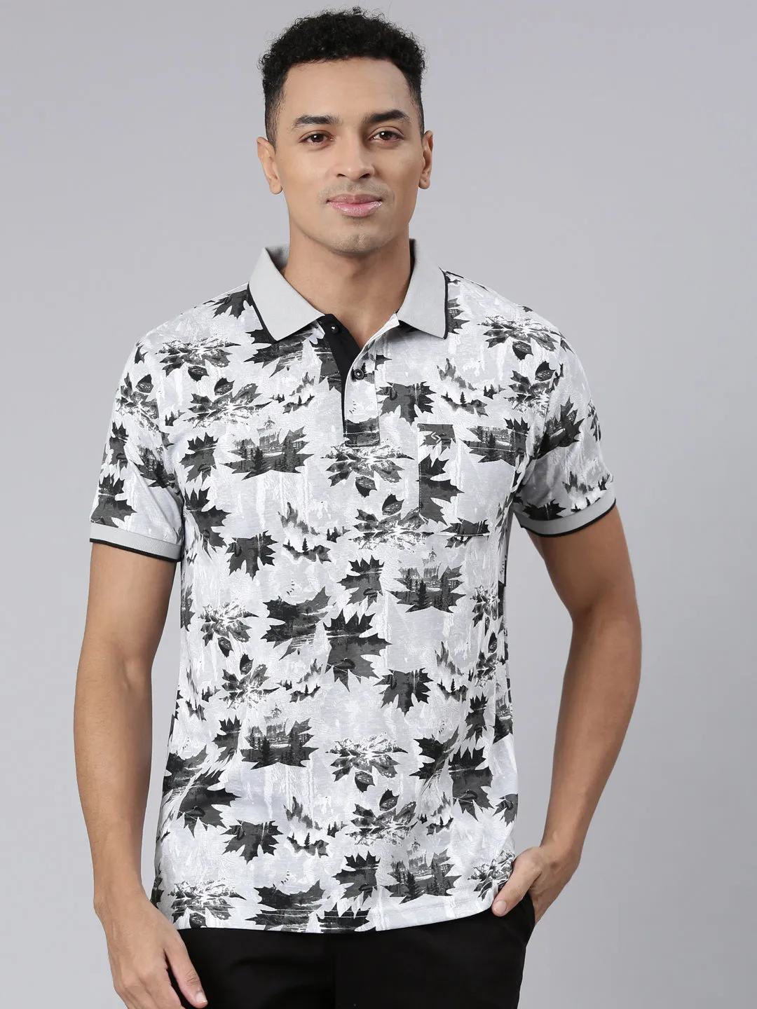 Classic Polo Men's Half Sleeve Grey/Black Polo Neck Cotton Blend Slim Fit T-Shirt | BELLO - 308 A SF P