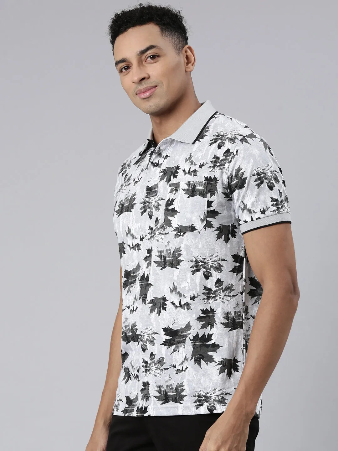 Classic Polo Men's Half Sleeve Grey/Black Polo Neck Cotton Blend Slim Fit T-Shirt | BELLO - 308 A SF P