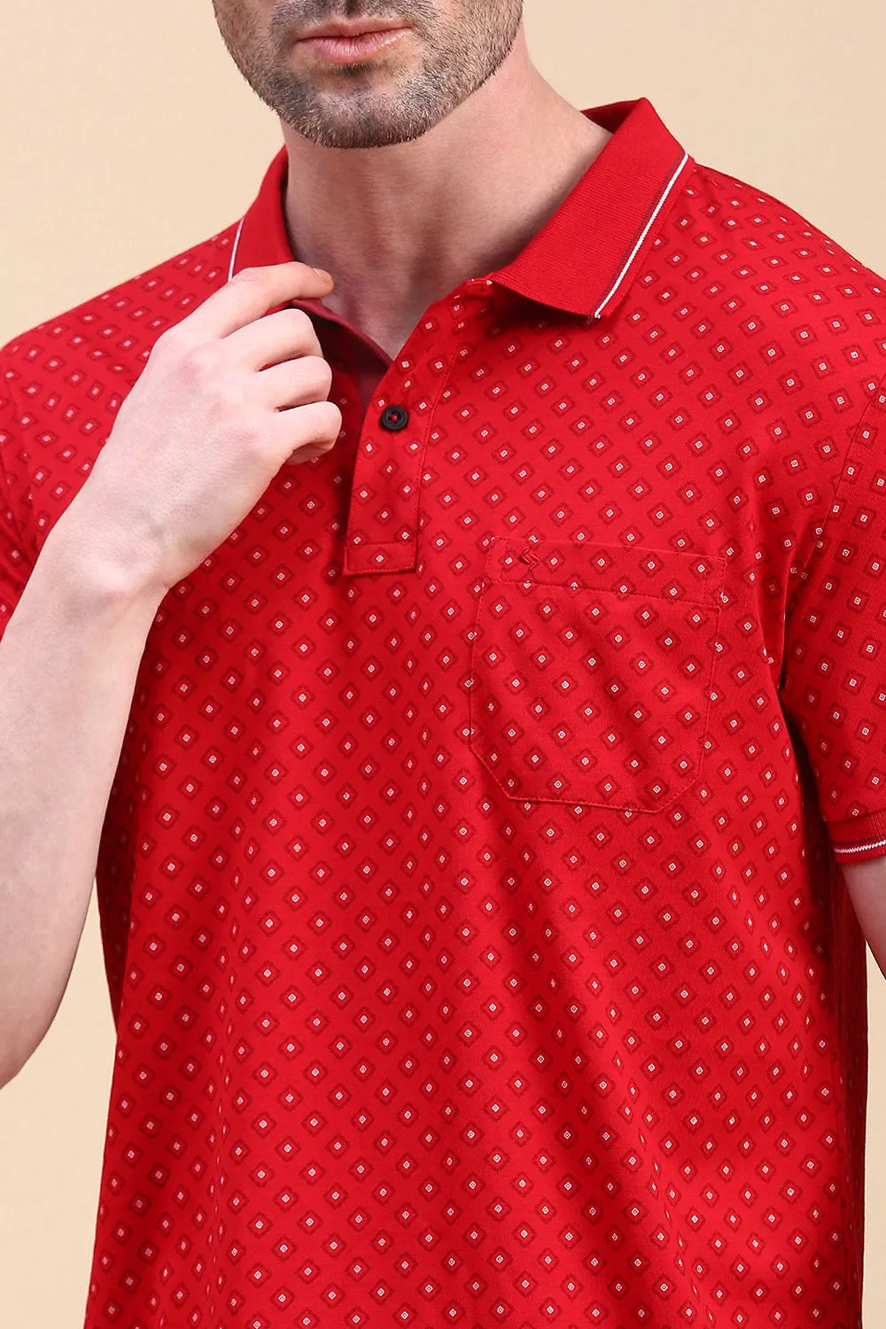 Classic Polo Men's Half Sleeve Red Polo Neck Slim Fit All Over Print T-Shirt | BELLO - 321 A SF P