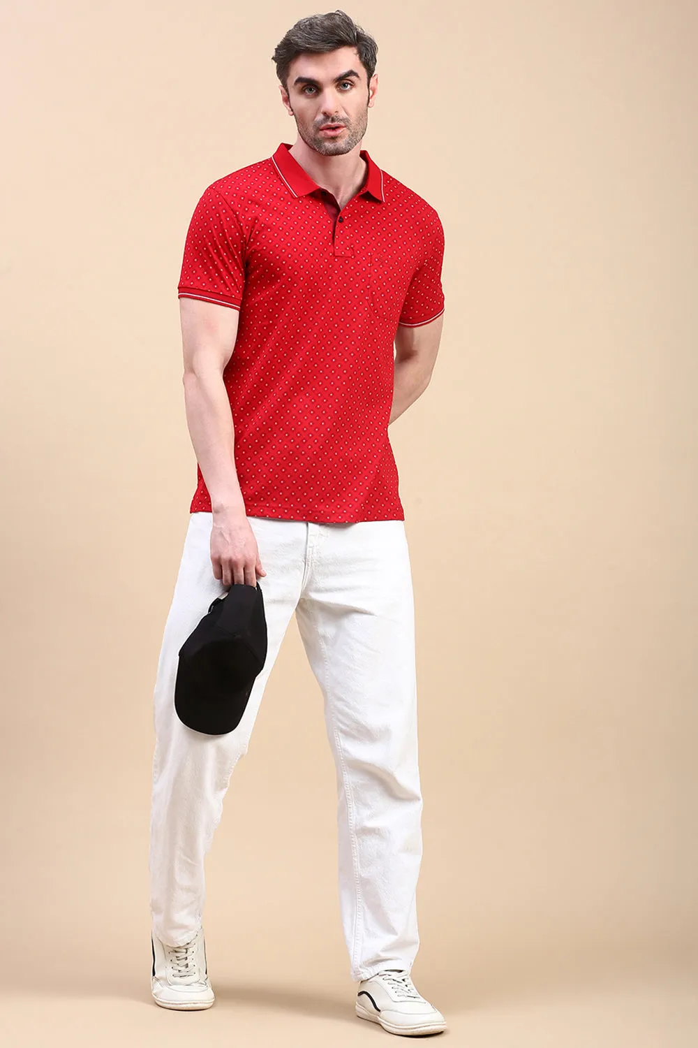 Classic Polo Men's Half Sleeve Red Polo Neck Slim Fit All Over Print T-Shirt | BELLO - 321 A SF P