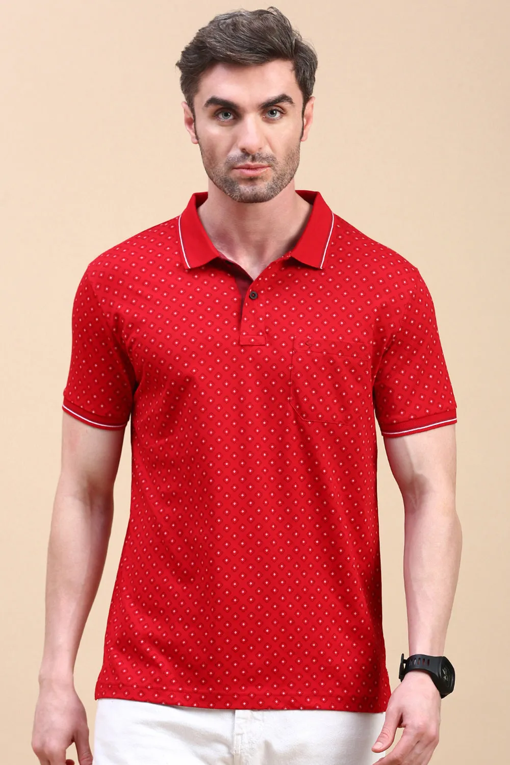 Classic Polo Men's Half Sleeve Red Polo Neck Slim Fit All Over Print T-Shirt | BELLO - 321 A SF P
