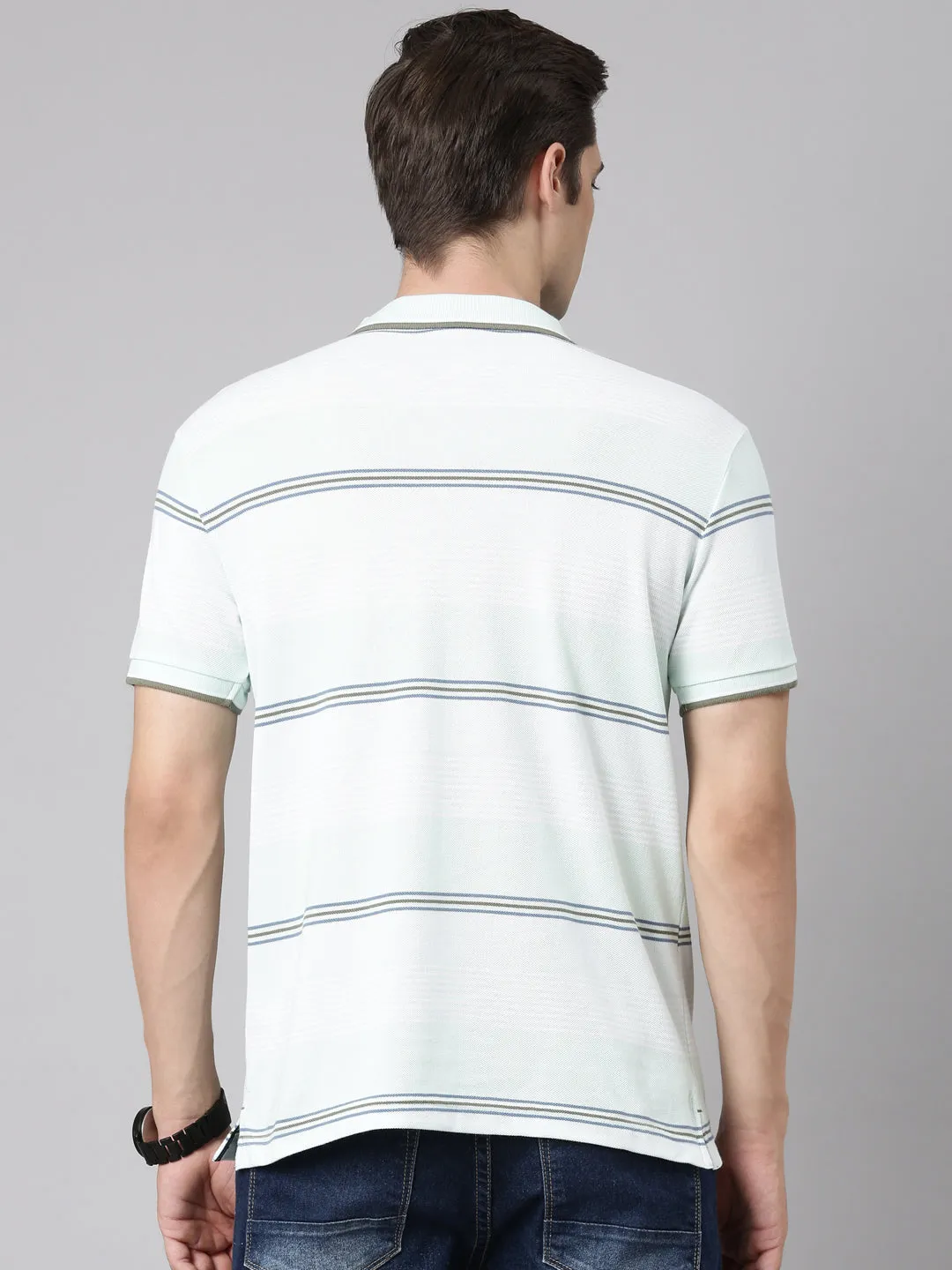 Classic Polo Men's Polo Neck Cotton Lt.Green Slim Fit Striped T-Shirt | ADORE-223 B SF P