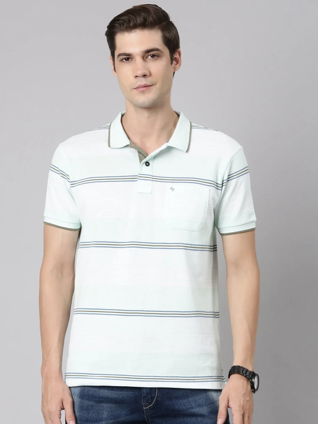 Classic Polo Men's Polo Neck Cotton Lt.Green Slim Fit Striped T-Shirt | ADORE-223 B SF P