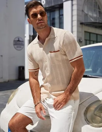 COOFANDY Men's Vintage Polo Shirts Short Sleeve Casual Beach Button Down Shirts Summer Lightweight