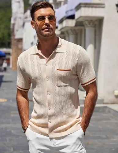COOFANDY Men's Vintage Polo Shirts Short Sleeve Casual Beach Button Down Shirts Summer Lightweight