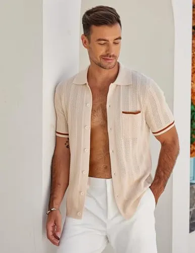 COOFANDY Men's Vintage Polo Shirts Short Sleeve Casual Beach Button Down Shirts Summer Lightweight