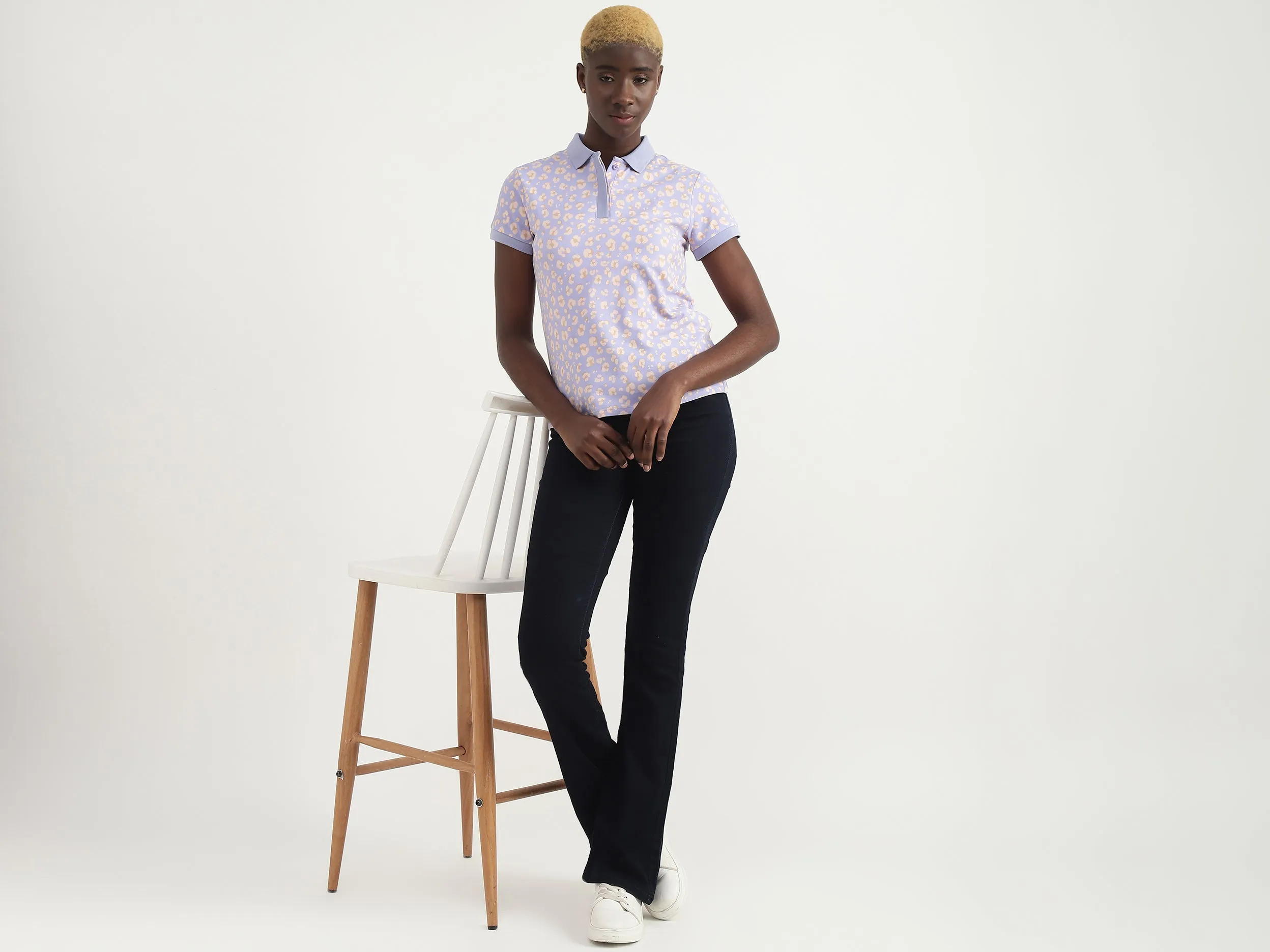 Cotton Blend Printed Polo Neck Women T-shirts