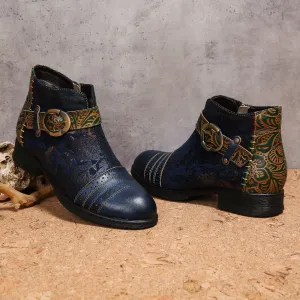 CrazycatZ Womens Bohemian Block Heels Leather Boots Colorful Leather Ankle Boots Western Bootie Blue