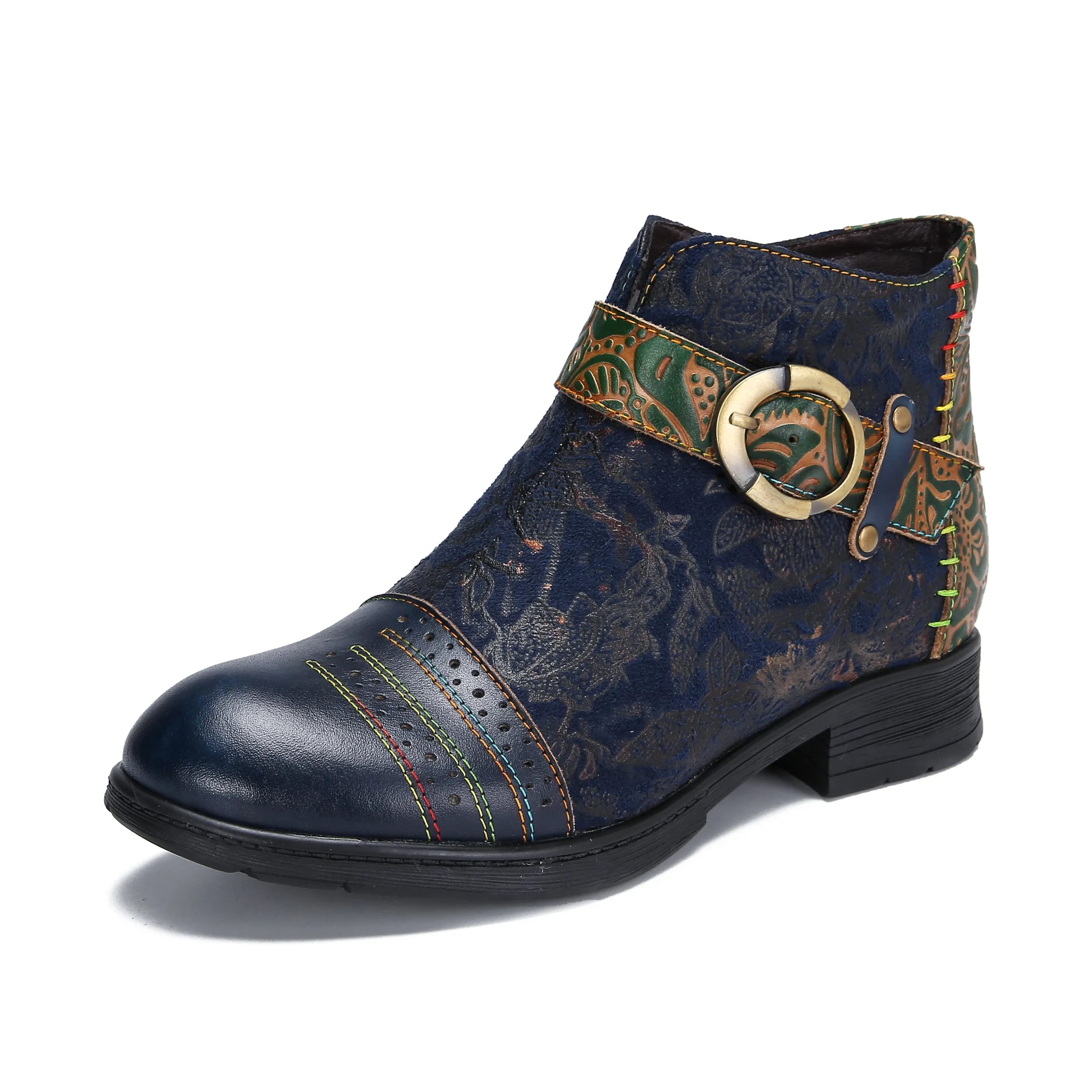 CrazycatZ Womens Bohemian Block Heels Leather Boots Colorful Leather Ankle Boots Western Bootie Blue