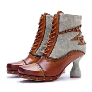 CrazycatZ Womens  Boots Bohemian Block Heel Leather Ankle Boots Colorful Leather Heeled Ankle Boots Brown