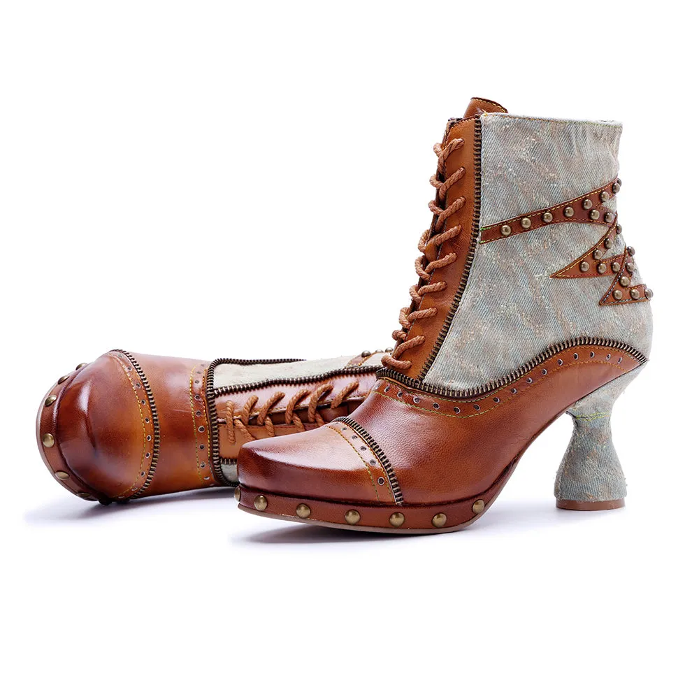 CrazycatZ Womens  Boots Bohemian Block Heel Leather Ankle Boots Colorful Leather Heeled Ankle Boots Brown