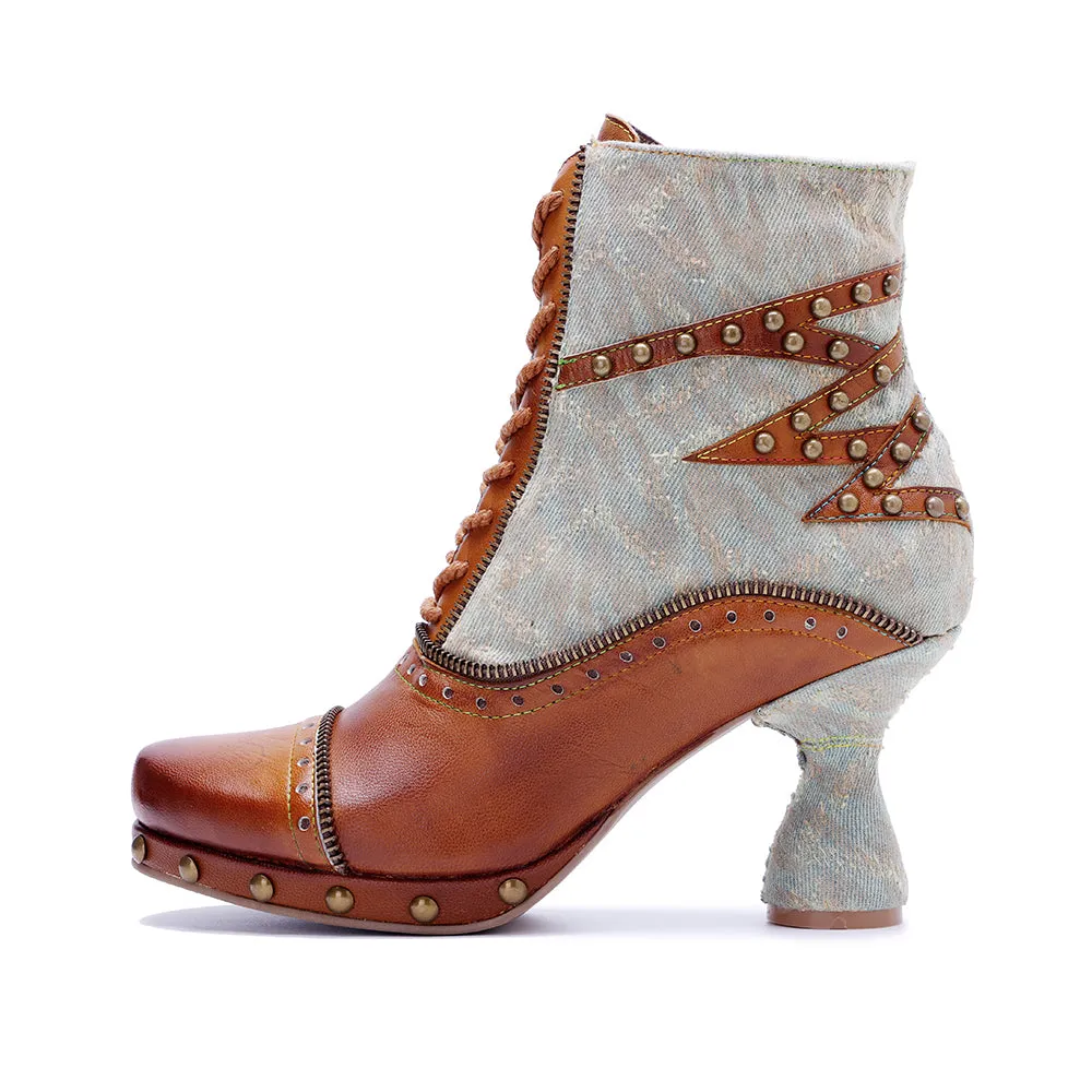 CrazycatZ Womens  Boots Bohemian Block Heel Leather Ankle Boots Colorful Leather Heeled Ankle Boots Brown