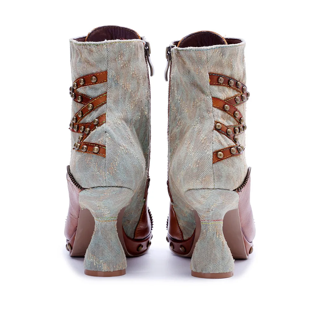 CrazycatZ Womens  Boots Bohemian Block Heel Leather Ankle Boots Colorful Leather Heeled Ankle Boots Brown