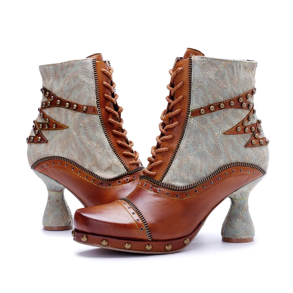 CrazycatZ Womens  Boots Bohemian Block Heel Leather Ankle Boots Colorful Leather Heeled Ankle Boots Brown