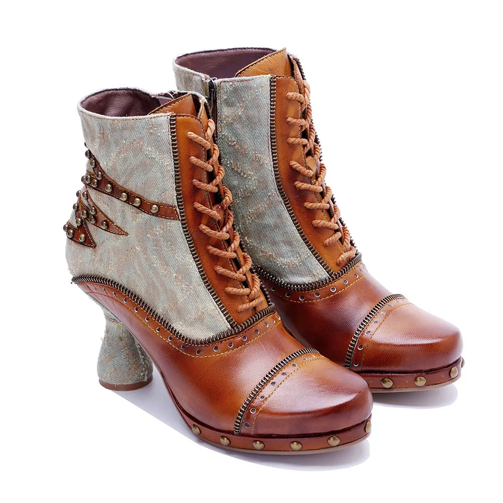 CrazycatZ Womens  Boots Bohemian Block Heel Leather Ankle Boots Colorful Leather Heeled Ankle Boots Brown