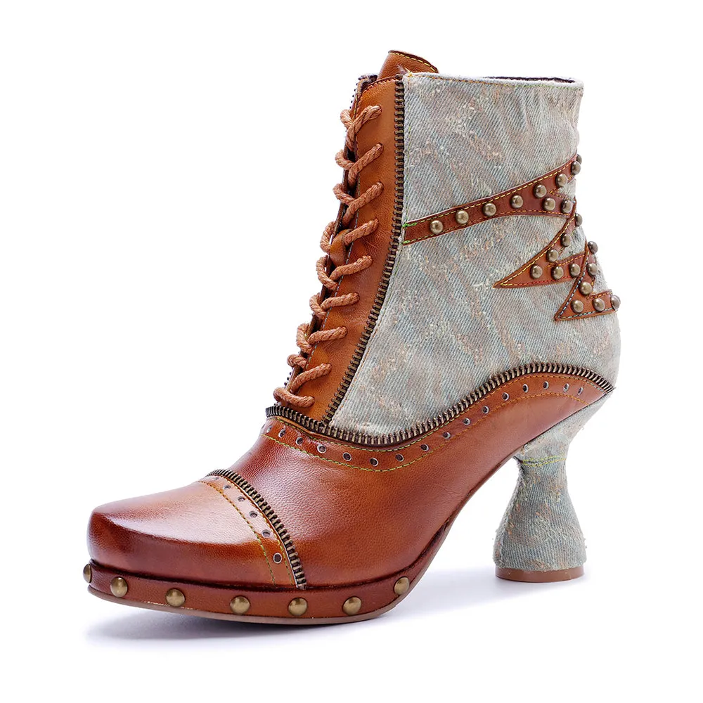 CrazycatZ Womens  Boots Bohemian Block Heel Leather Ankle Boots Colorful Leather Heeled Ankle Boots Brown
