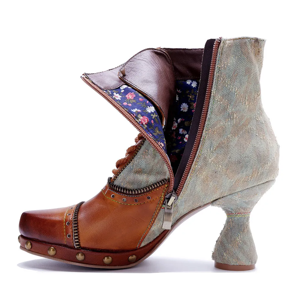 CrazycatZ Womens  Boots Bohemian Block Heel Leather Ankle Boots Colorful Leather Heeled Ankle Boots Brown