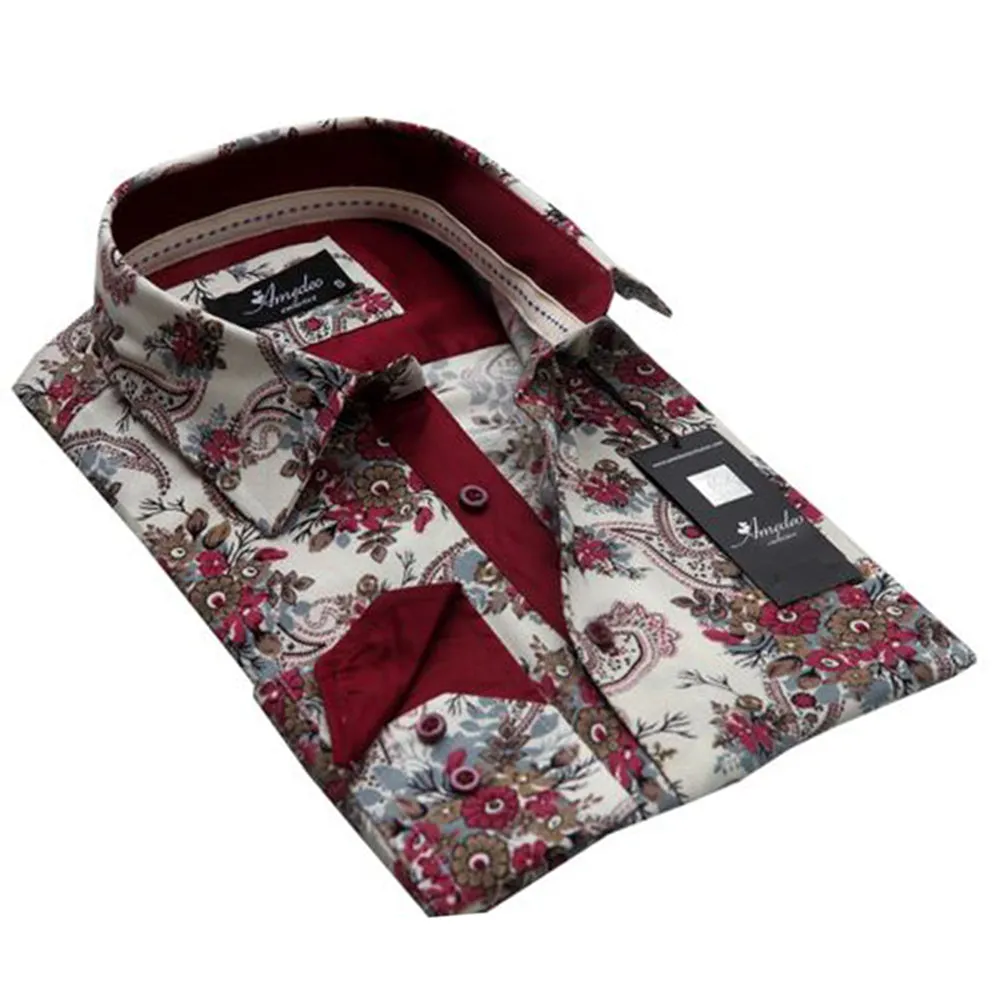 Cream Floral Mens Slim Fit Designer Dress Shirt - tailored Cotton Shirts for Work and Casual Wear