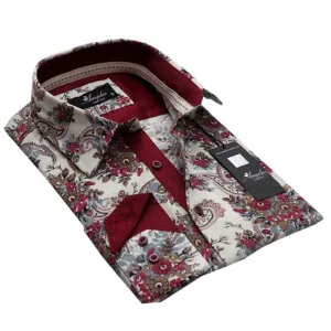 Cream Floral Mens Slim Fit Designer Dress Shirt - tailored Cotton Shirts for Work and Casual Wear