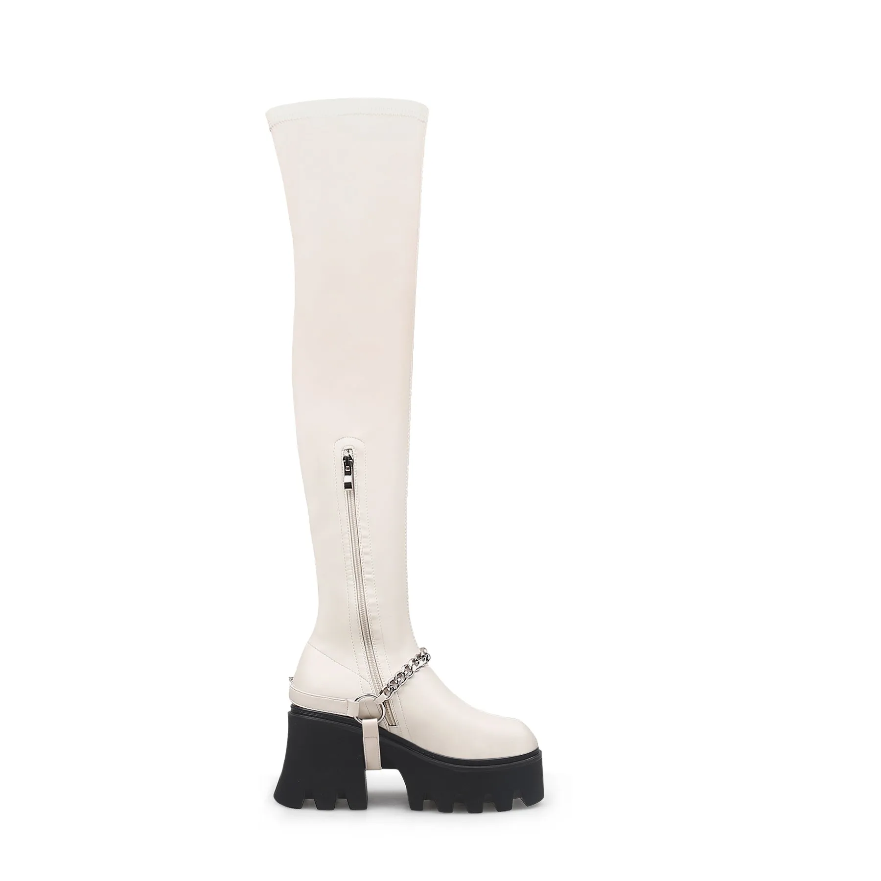 Cream Leather Chain Strap Over Knee Boot