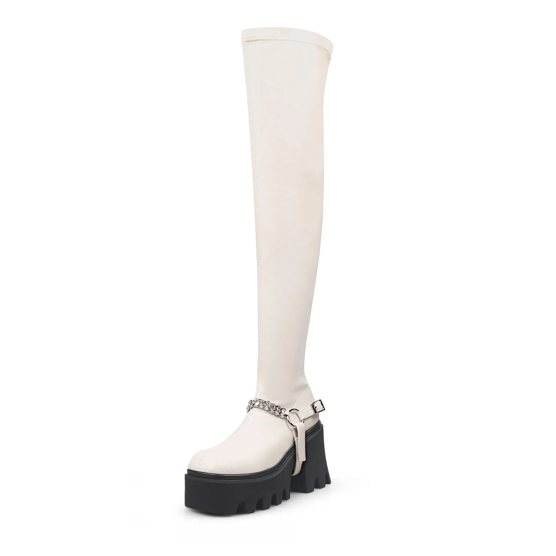 Cream Leather Chain Strap Over Knee Boot