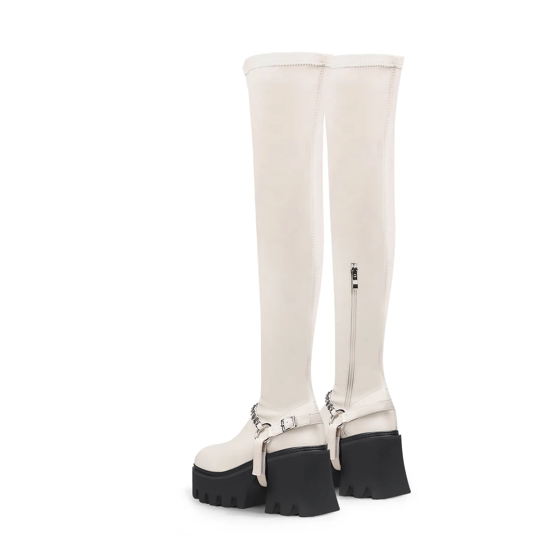 Cream Leather Chain Strap Over Knee Boot