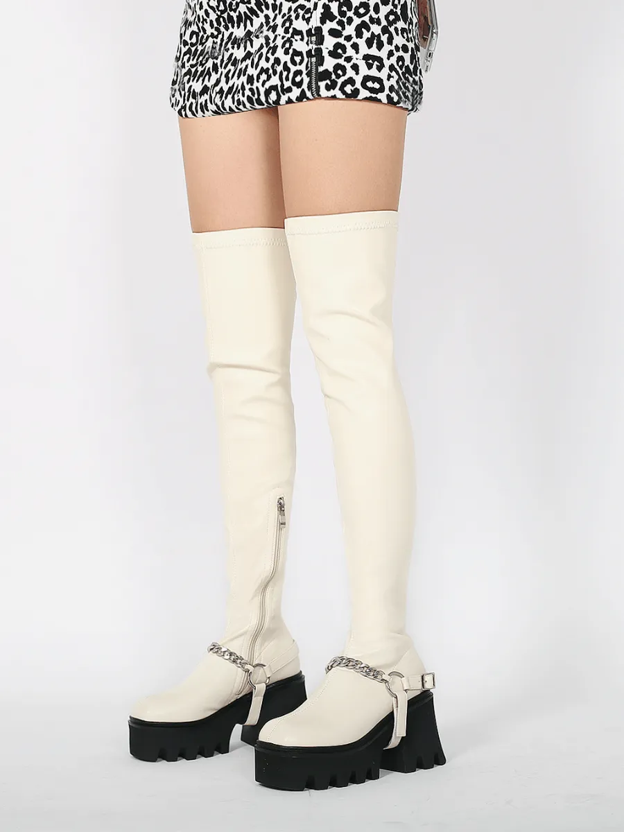 Cream Leather Chain Strap Over Knee Boot