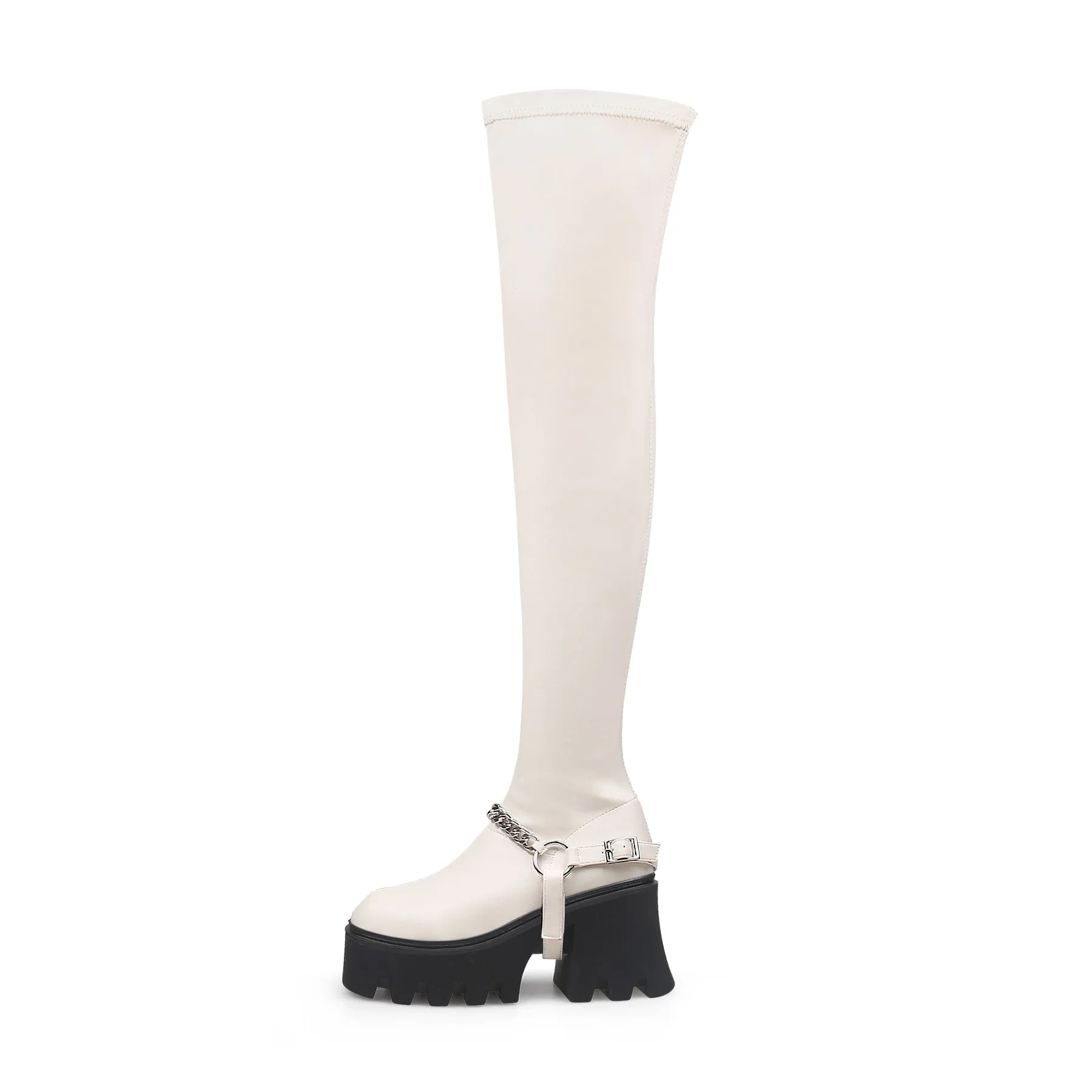 Cream Leather Chain Strap Over Knee Boot