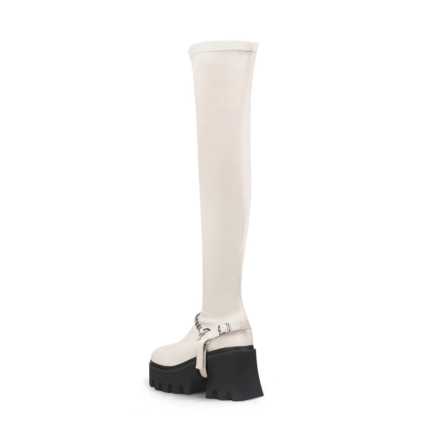Cream Leather Chain Strap Over Knee Boot