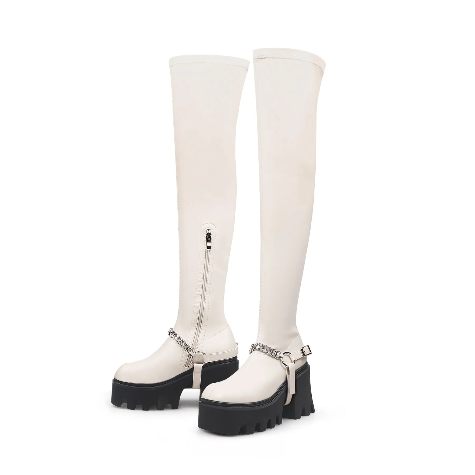 Cream Leather Chain Strap Over Knee Boot