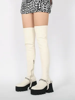 Cream Leather Chain Strap Over Knee Boot