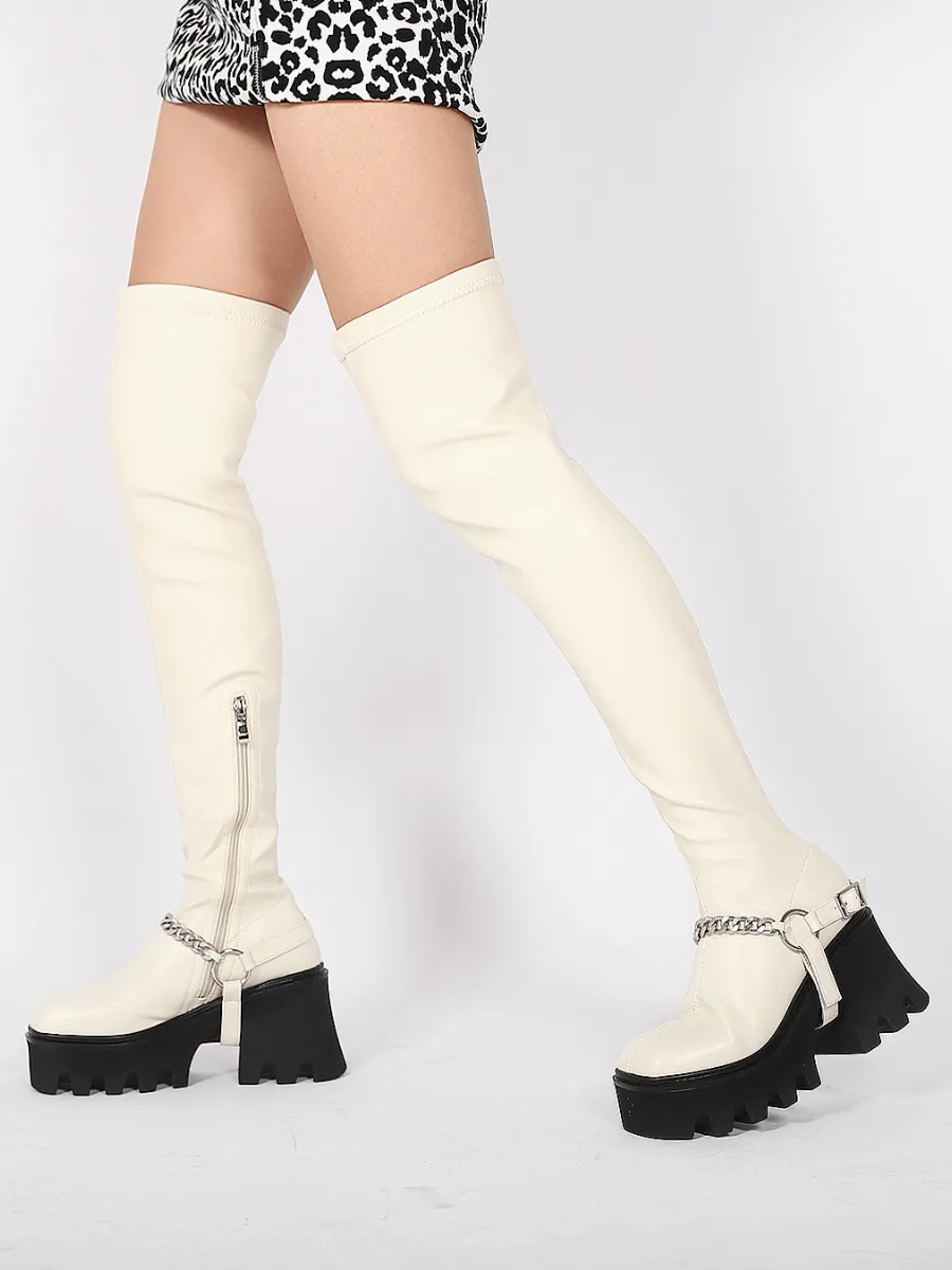 Cream Leather Chain Strap Over Knee Boot