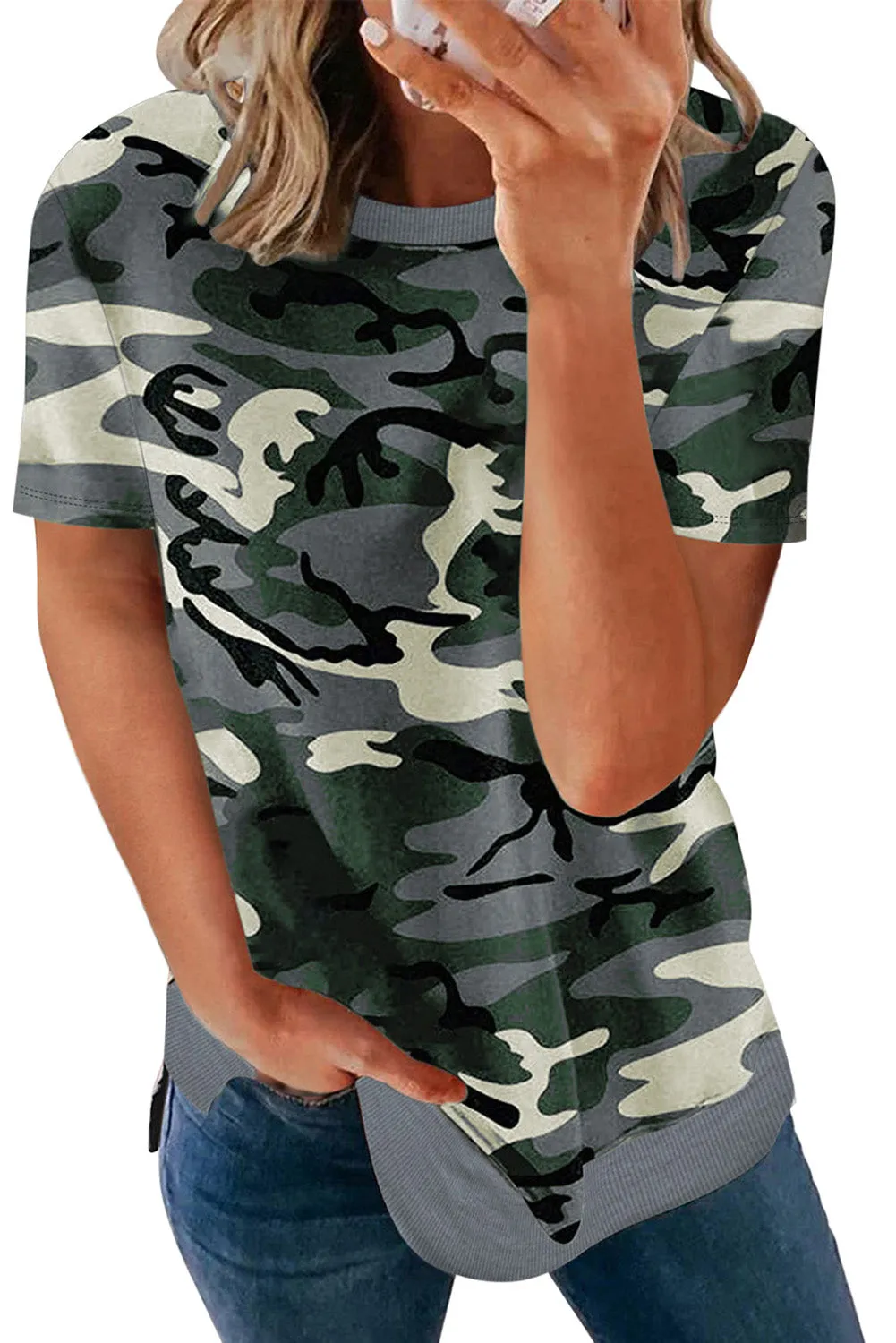 Crew Neck Camo Side Split T-shirt