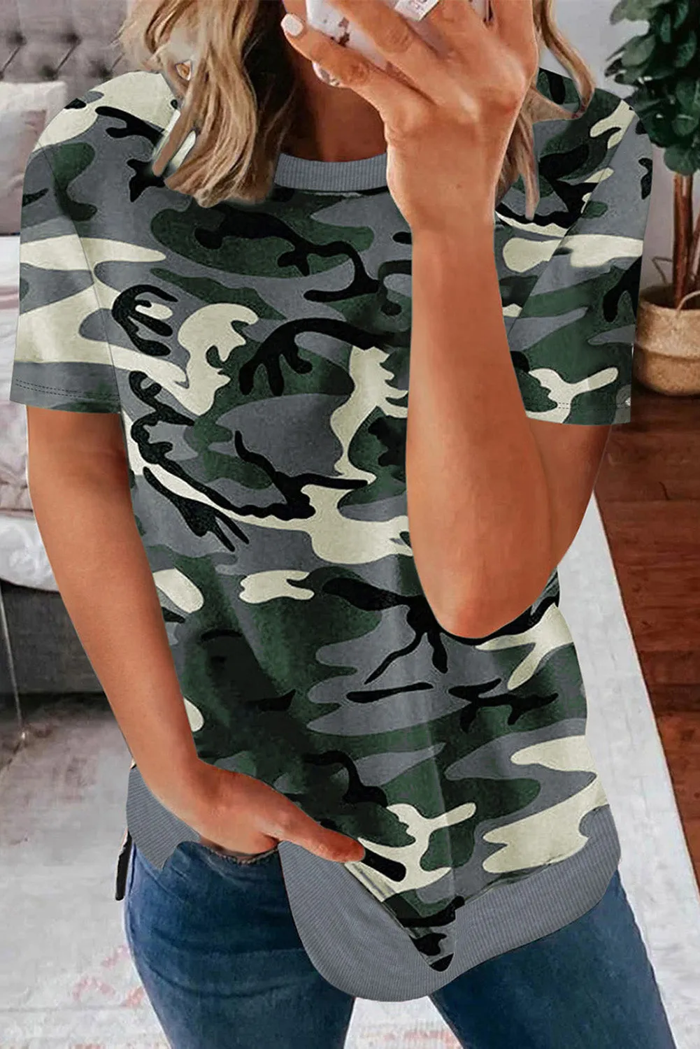 Crew Neck Camo Side Split T-shirt