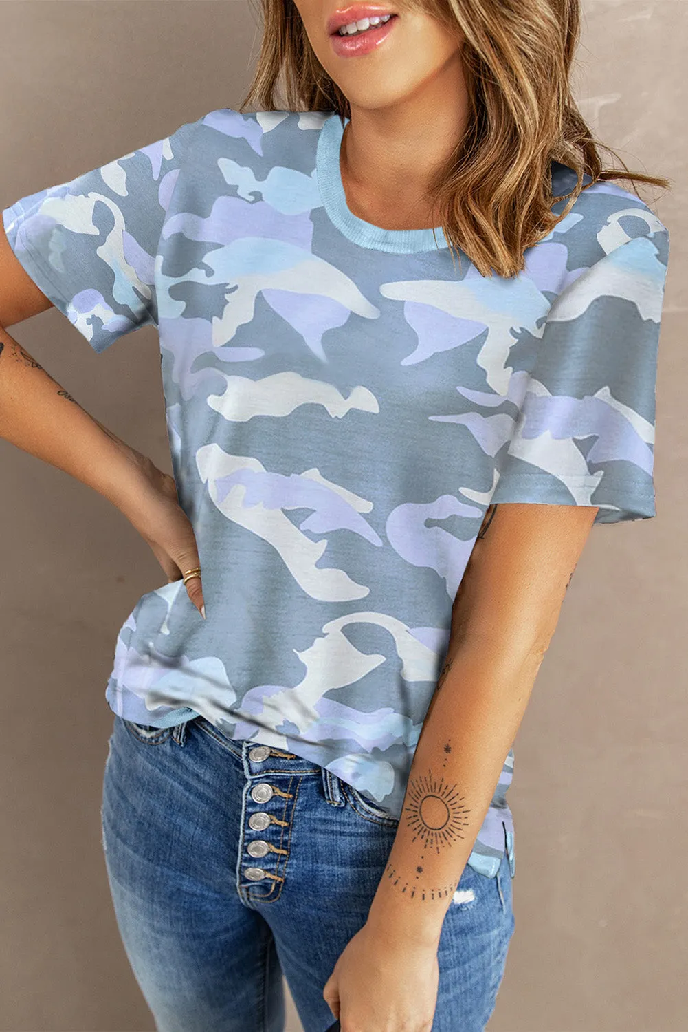 Crew Neck Camo Side Split T-shirt