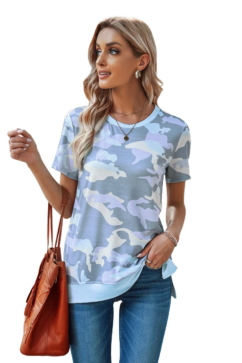 Crew Neck Camo Side Split T-shirt