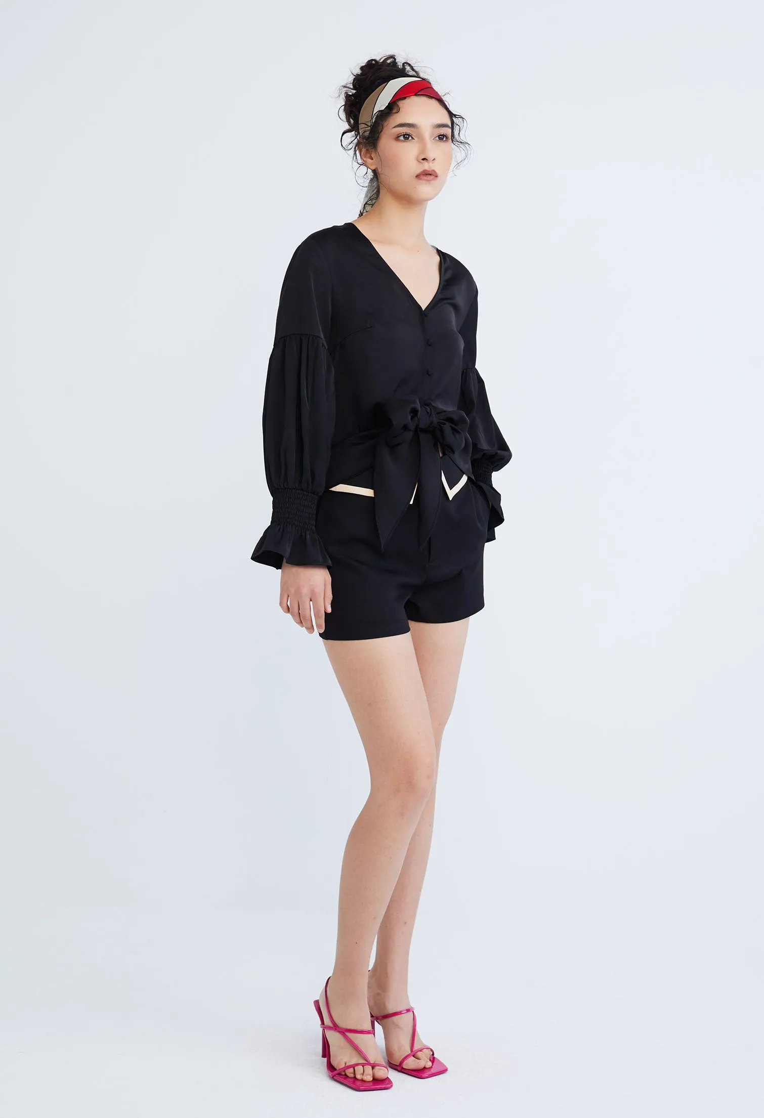 Dainty Elastic Cuff Front Tie Blouse