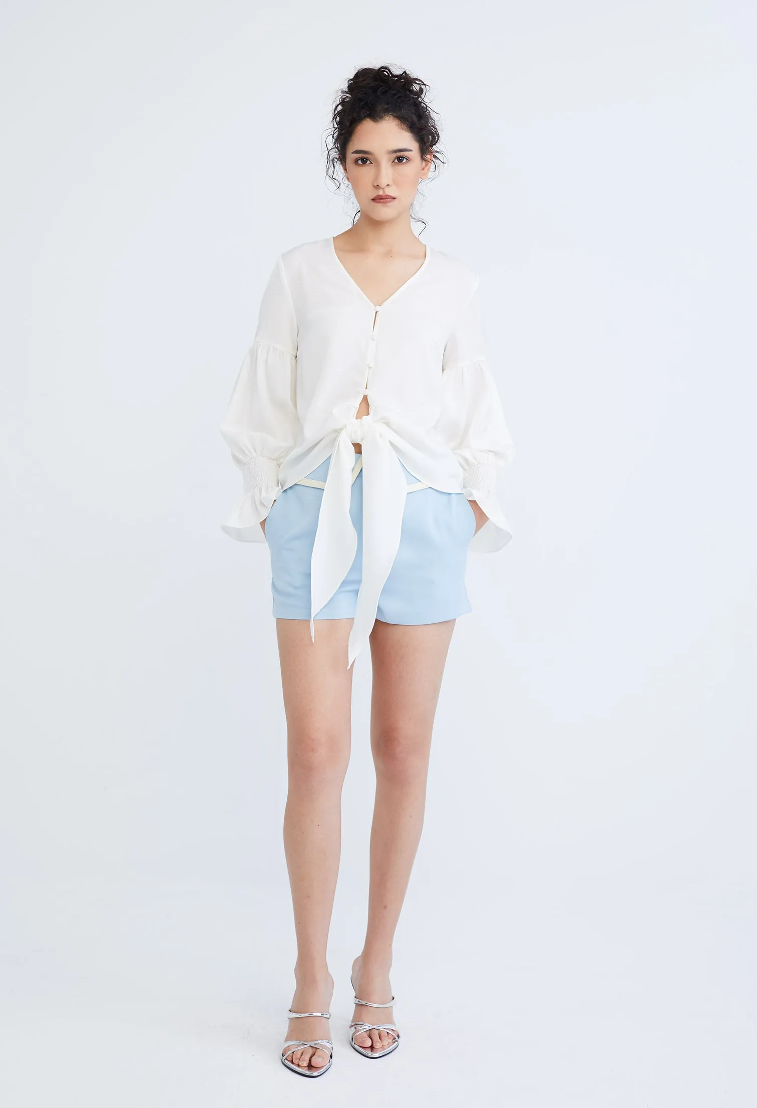 Dainty Elastic Cuff Front Tie Blouse