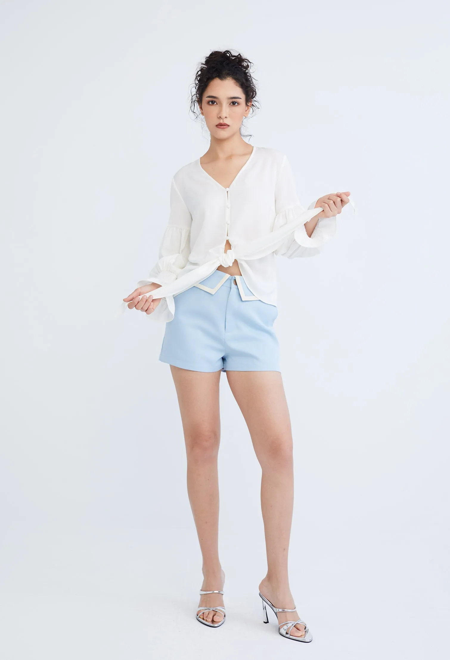 Dainty Elastic Cuff Front Tie Blouse