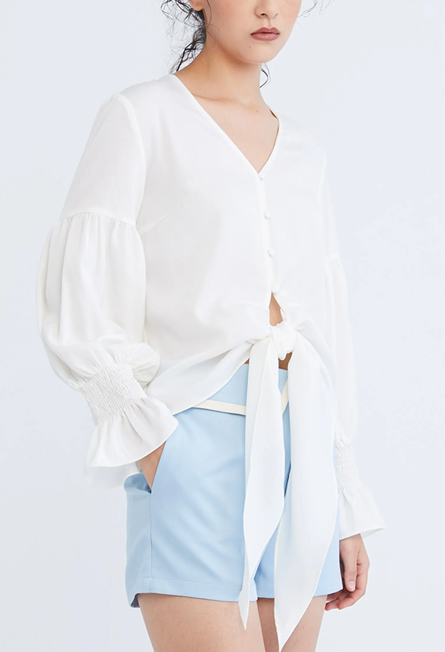 Dainty Elastic Cuff Front Tie Blouse