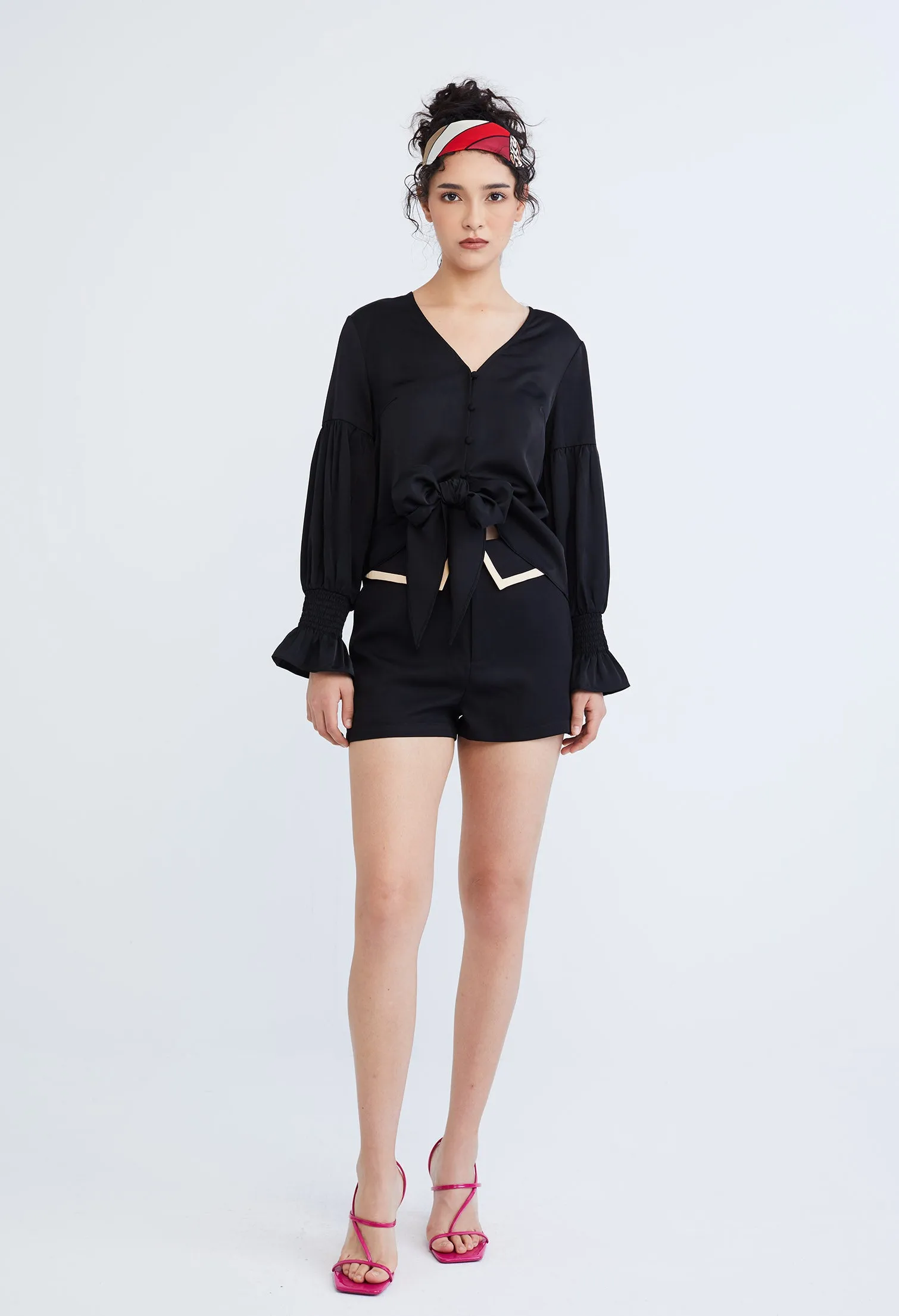 Dainty Elastic Cuff Front Tie Blouse
