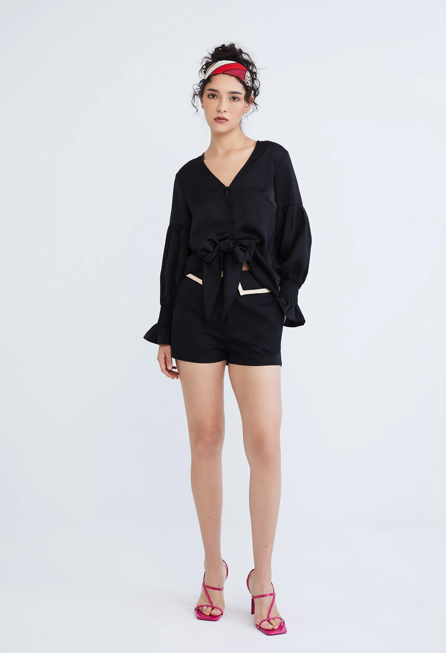 Dainty Elastic Cuff Front Tie Blouse