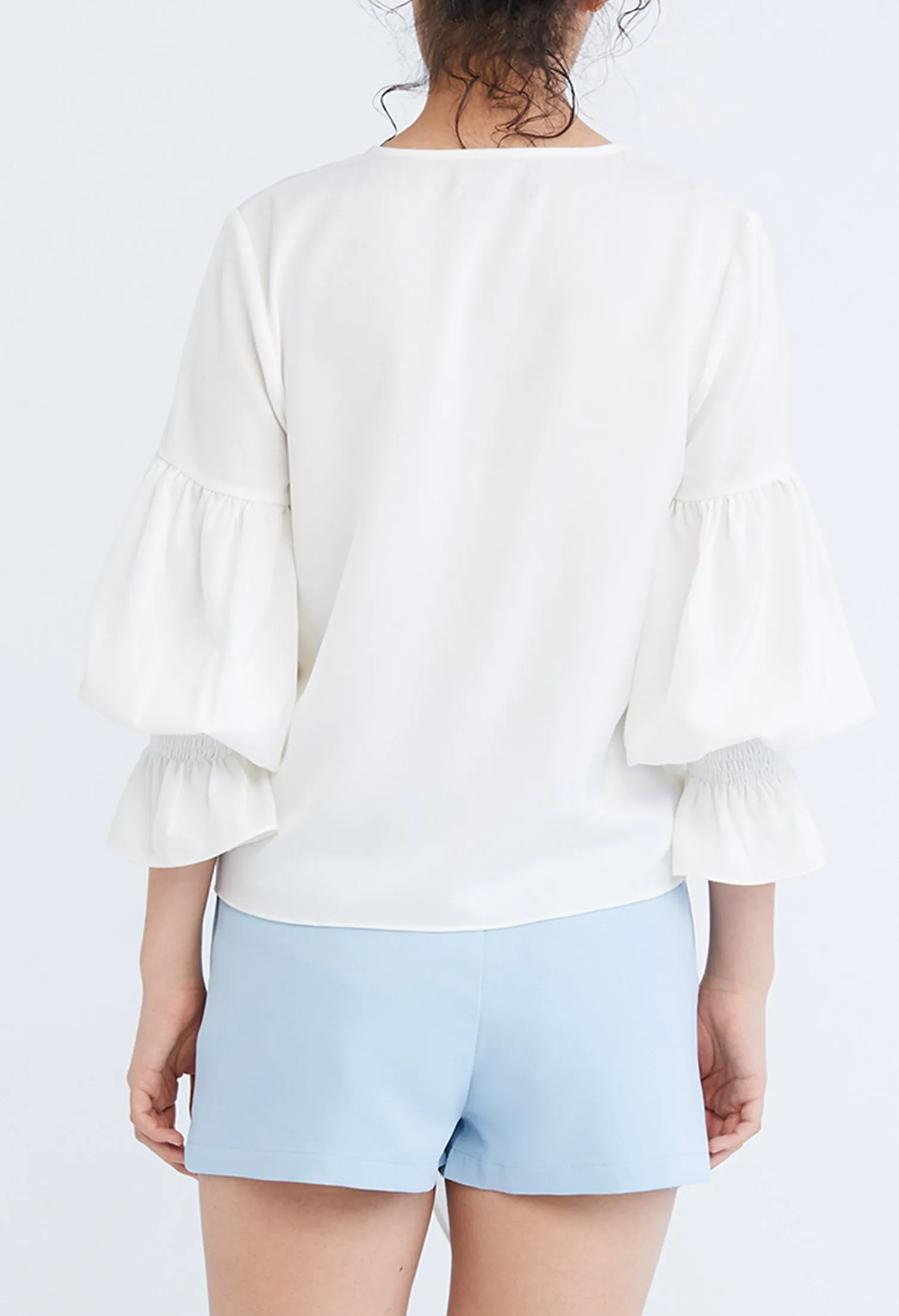 Dainty Elastic Cuff Front Tie Blouse