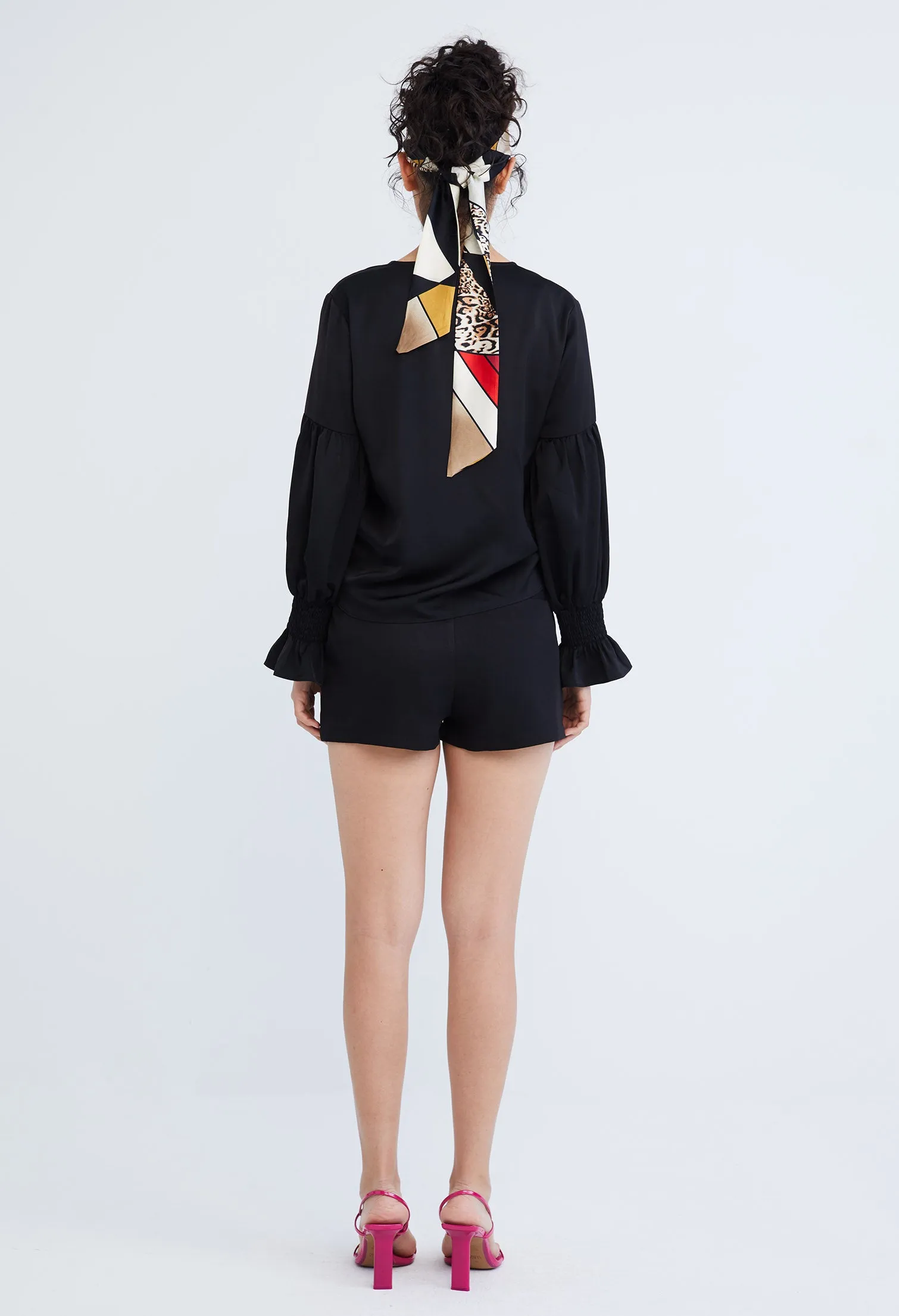 Dainty Elastic Cuff Front Tie Blouse
